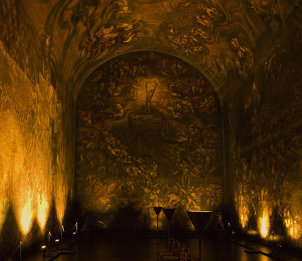 Inside the mausoleum, the Vita fresco lit only from the floor