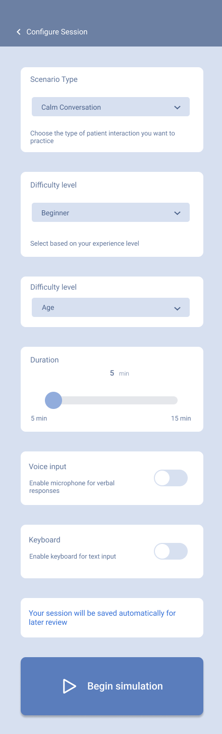 Configure session screen