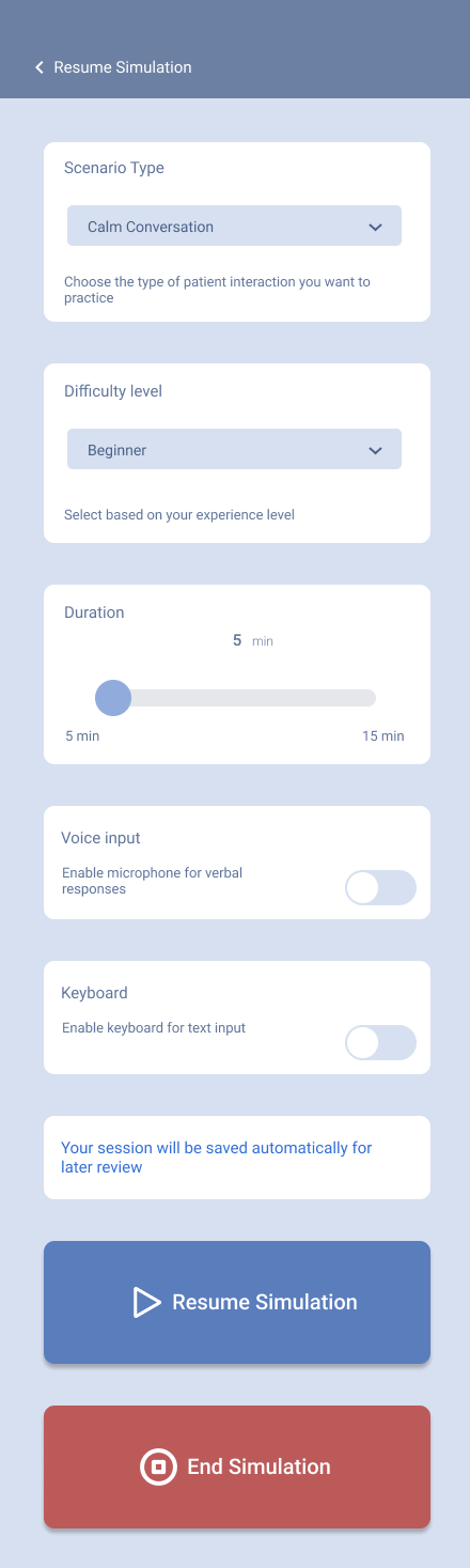 Resume simulation screen